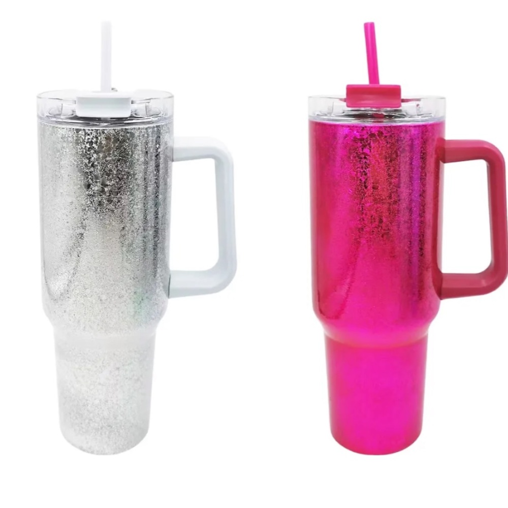 New! Modern Expression Glitter Silver and Pink Tumbler cup 40 oz with straw